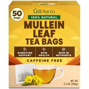 Gya Tea Co Mullein Leaf Herbal Tea Bags (50 Bags) - Caffeine Free with a Tangy Flavor for All Day Comfort, Calming, Relaxing & Nourishing - Fruit & Herbal Blends (EXP 02/01/28)