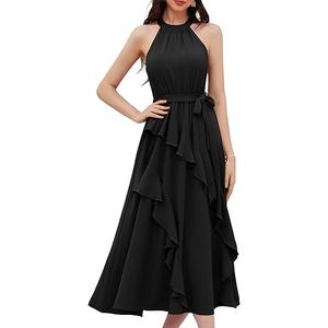 GRACE KARIN Women's 2024 Summer Sleeveless Halter Neck Ruffle Hem Split Flowy Swing Long Midi Dress with Belt, Size M 