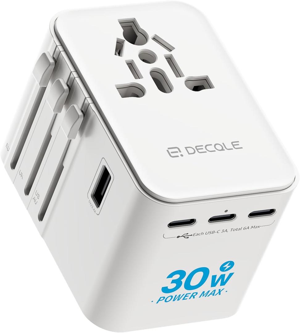 Universal Travel Adapter, International Travel Plug Adapter with 3 USB-C 2 USB-A Ports(Total 30W), All-in-One Portable Adaptor, for USA, UK, EU, AU 224+ Countries (White)