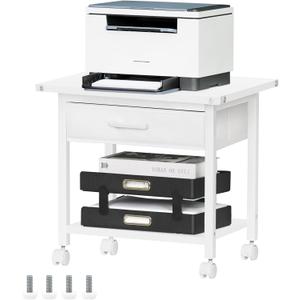 Lerliuo Under Desk Rolling Printer Stand with Drawer, 2-Tier Industrial Mobile Printer Table Desk with Storage Shelf and Steel Frame, Printer Cart Holder with Lockable Wheels for Home, Office (White) (without Charging Station)