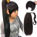 Yaki Straight Ponytail Extensions with Bangs for Black Women Natural Black Synthetic Kinky Straight Wrap Around Magic Paste Ponytail with Bangs Natural Looking Hair Hairpiece for Women (2#)