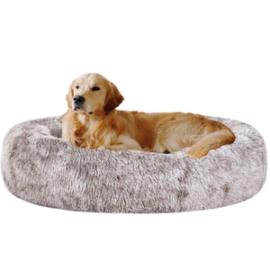 Coohom Oval Calming Donut Cuddler Dog Bed,Shag Faux Fur Cat Bed Washable Round Pillow Pet Bed(30"/36"/43") for Medium Dogs (XL(36"x27"x7"),Light Brown)