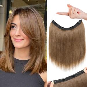 REECHO 12" Invisible Wire Hair Extensions with Thinner Softer Lace Weft Adjustable Size Removable Secure Clips in Short Straight Secret Hairpiece for Women - Light Brown (12 Inch (Pack of 1))