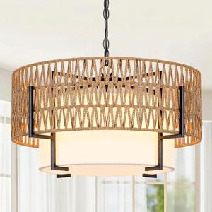 Derksic 19.69" Boho Rattan Chandelier 4-Light Farmhouse Boho Light Fixture Rattan Drum Chandeliers with Fabric Shade for Dining Room Living Room Bedroom Kitchen Island Foyer Hallway