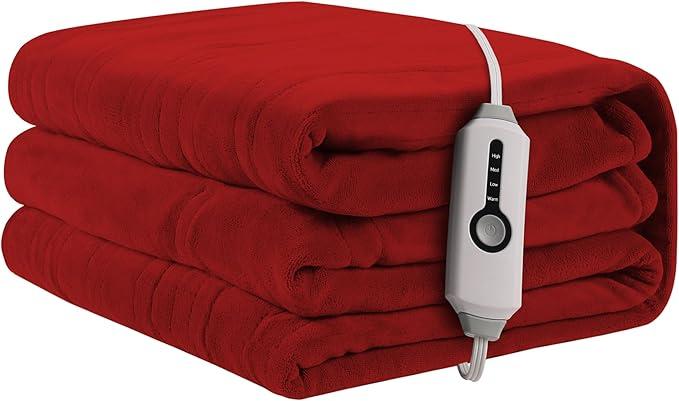 ReyyNio Heated Electric Blanket 84"x90" Queen Size, Soft Coral Fleece Fast Heated Blanket with 4 Heating Levels and 10 Hours Auto-Off, Cozy Plush Fabric, Machine Washable - Home, Red