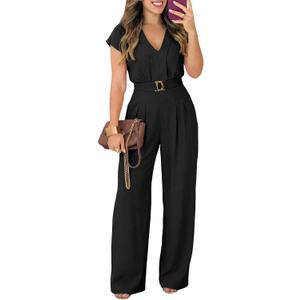 Pink Queen Jumpsuits for Women Dressy V Neck Short Sleeve Wide Leg Rompers Business Casual One Piece Outfits (Black, XL)