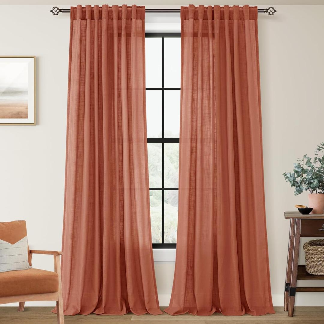 96 inch Linen Terracotta Curtains 2 Panels for Living Room Back Tab Light Filtering Semi Sheer Rust Colored Curtains 96 inches Long Soft Thick Cotton Cloth Textured Rustic Boho Farmhouse Room Decor