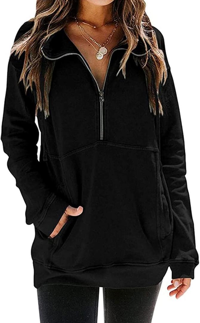 Ladmous Womens Casual Long Sleeve Half Zip Sweatshirt Lapel Drawstring Oversized Pullover Tops with PocketsS-2XL (Small, 08 Black)