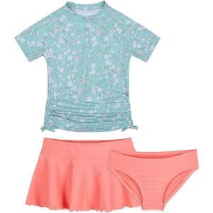 Cadocado Girls Swimsuit Rash Guard Girls' Swimwear Short Sleeve Bathing Suit 3 Pieces Kids Floral Swim Set with Skirt 10Y