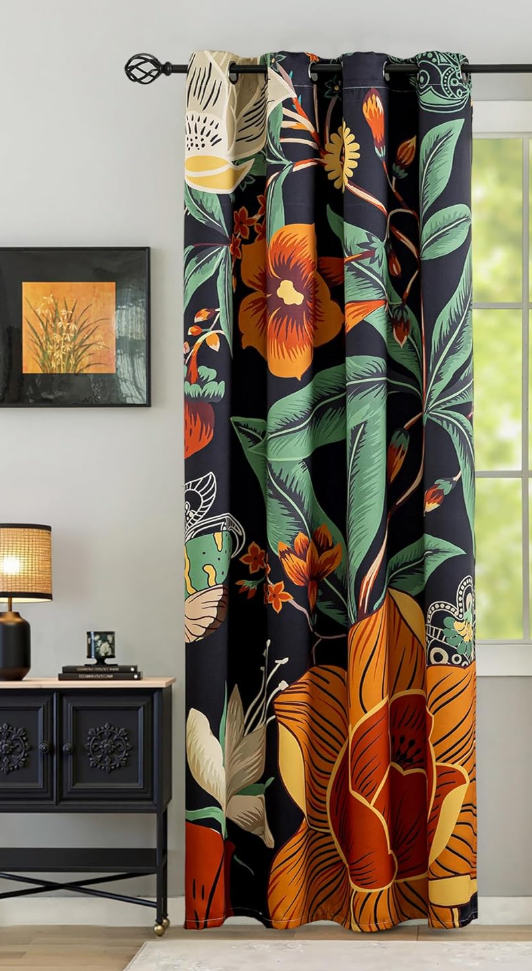 Black Boho Floral 100% Blackout Curtains for Bedroom 96 inch Long 1 Panel Butterfly Botanical Black Out Curtains for Living Room Grommet Thermal Insulated Room Darkening Window Drapes,52Wx96L