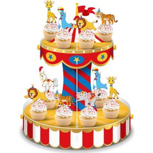 Carnival Circus Cupcake Stand Party Decorations with 24 Cupcake Toppers Circus Theme Cake Holder Carnival Cake Tower Circus Tent Dessert Stand for Circus Birthday Party Supplies