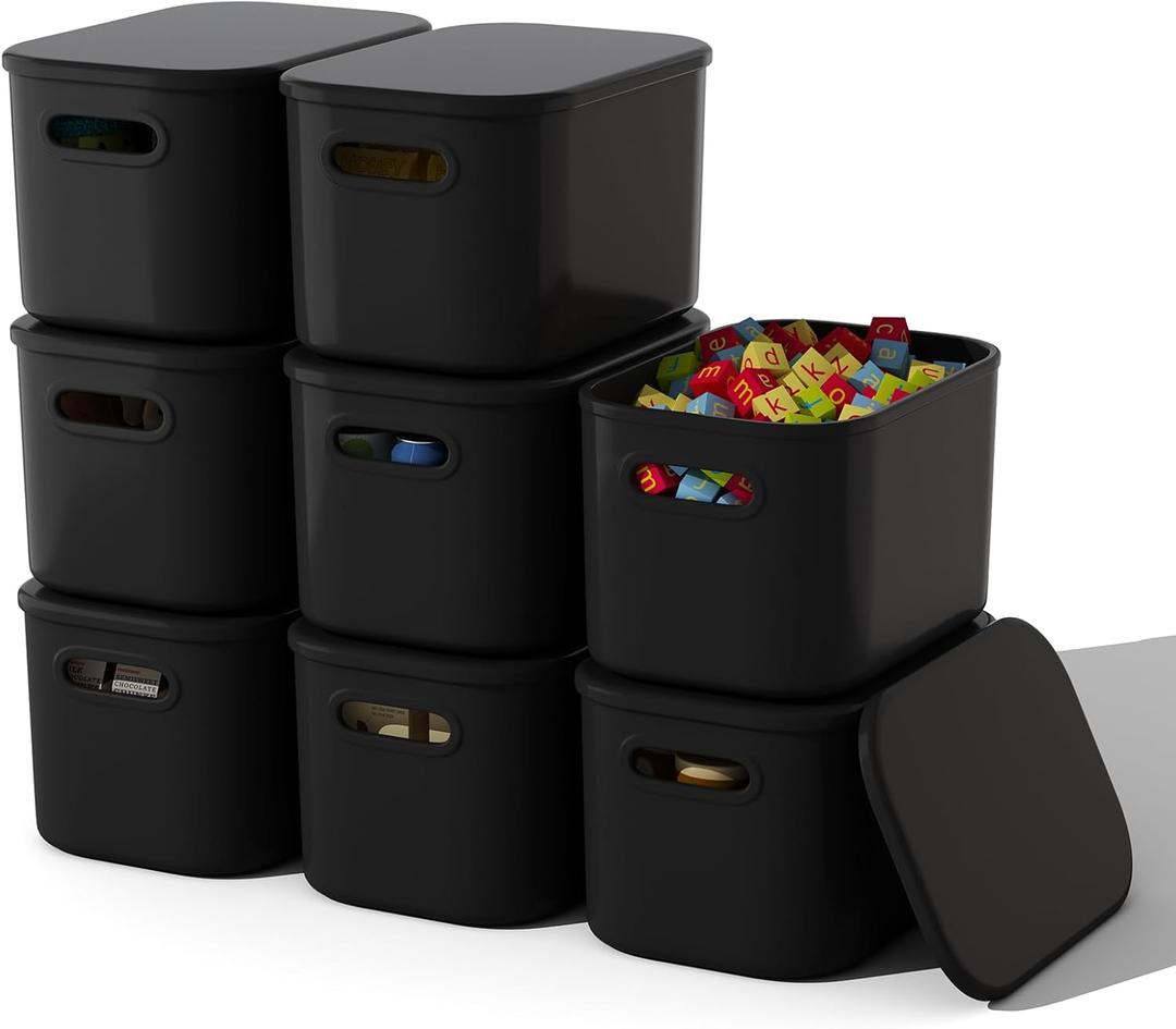 8 Pack Black Storage Bins with Lids Stackable Storage Container for Organizing, Black Storage Boxes with Handle for Shelves, Cute Organizer Bins for Craft, Snacks, 9.85x6.9x5.7 inch