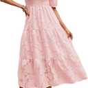MEROKEETY Women's 2025 Summer Puff Sleeve Smocked Floral Dress Crewneck Lace Flowy Tiered Midi Dresses (Pink, S)
