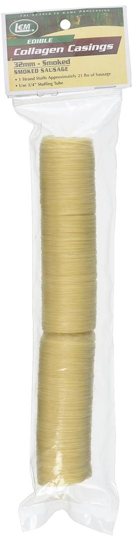 LEM Products Clear Smoked Collagen Casings, 32mm, Edible Sausage Casings, Stuffs Approximately 21 Pounds Per Pack, Great for Snack Sticks, Hot Dogs, Metts, Andouille, Brats, and More, 2-Pack