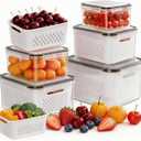 HOMETALL 5 Pack Fruit Storage Containers for Fridge, Plastic Fruit Containers for Fridge with Removable Colanders, Leakproof Fridge Organizers and Storage for Berry Vegetable Salad Lettuce Meat Food