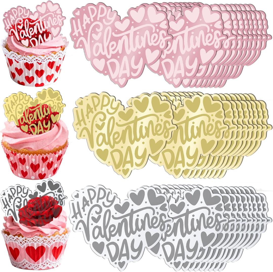 30PCS Happy Valentines Day Cake Toppers, Acrylic Cupcake Toppers 3 Different Pattern Heart Shape Custom Cupcake Picks for Valentines Party Anniversary Pastries Decorations (30 Irregular Heart)