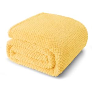 Queen Size Fuzzy Fleece Blanket for Bed, 90x90 Inch Fluffy Warm Soft Jacquard Blankets for All Season, Lightweight and Cozy, Yellow