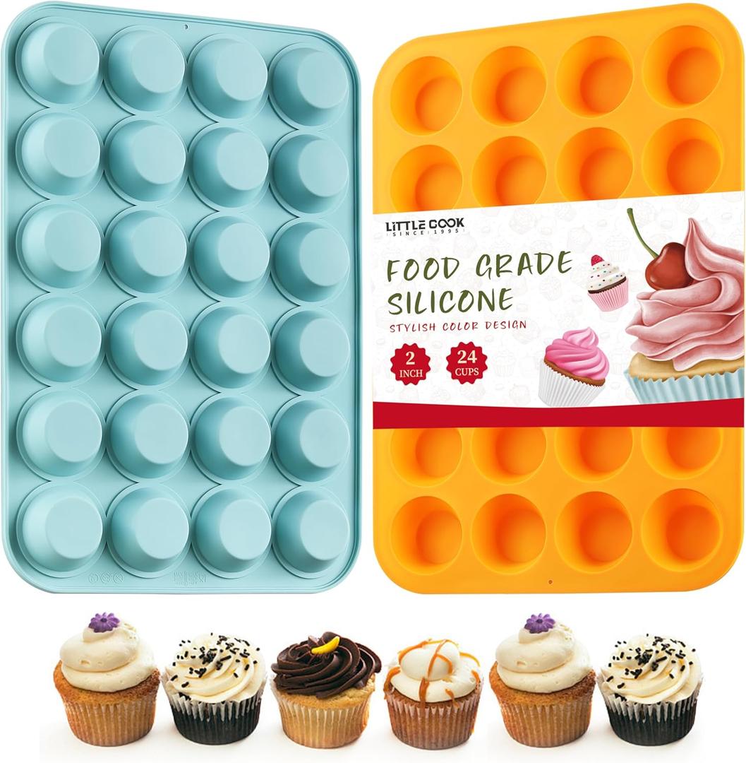 2PCS Silicone Mini Muffin & Cupcake Pan Set, Little Cook 24 Cups Mini Muffin Baking Pan, Non-Stick, BPA Free, Dishwasher Safe, Perfect for Making Muffin, Cakes, Tart (Orange + Peacock Blue)