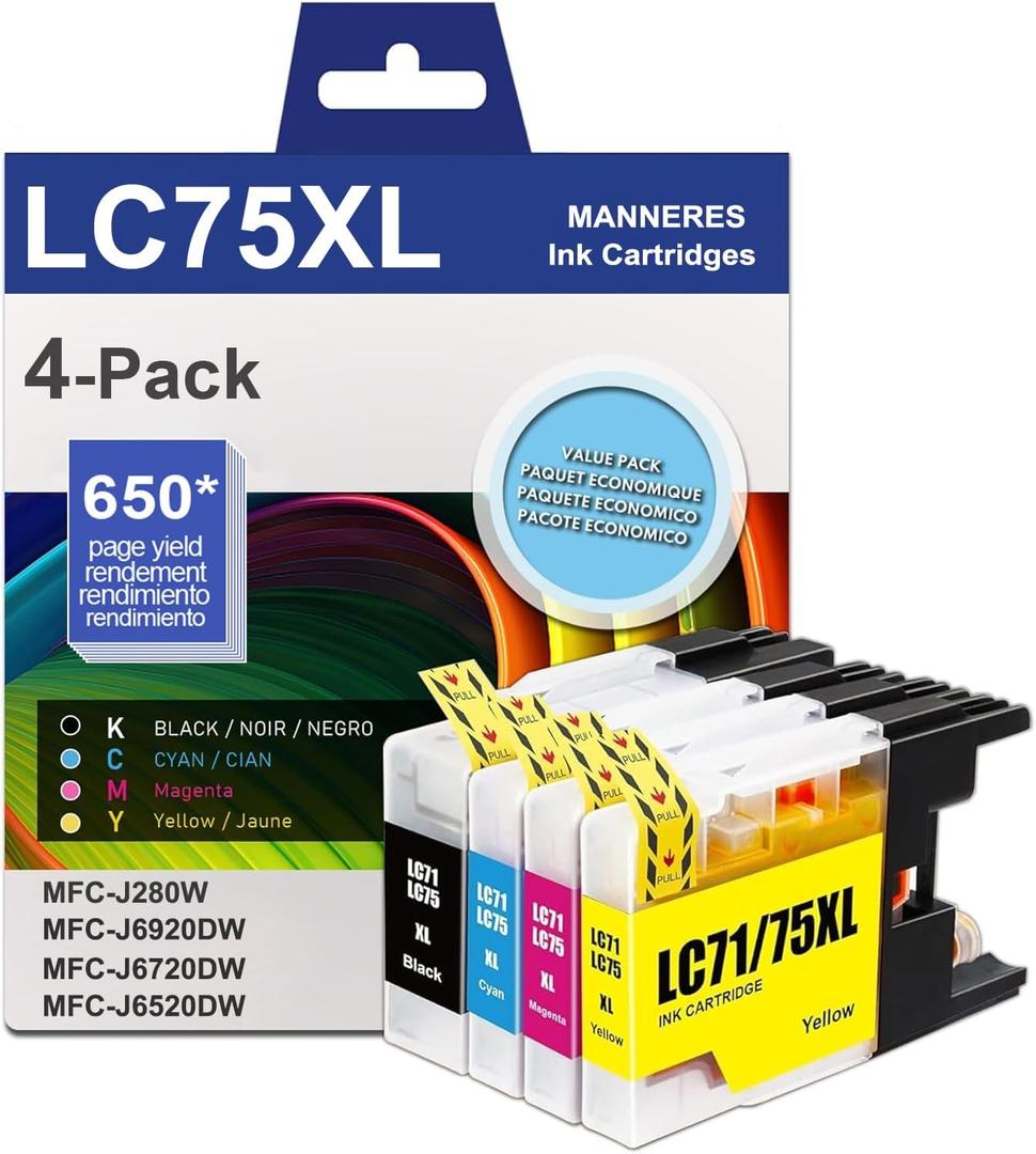 LC75 XL Ink Cartridges High Yield Compatible 4-Pack (LC75C LC75M LC75Y LC75BK XL) - Replacement for Brother LC75 LC71 LC79 Ink Cartridge Work with MFC-J6510DW MFC-J6710DW MFC-J6910DW MFC-J280W Printer