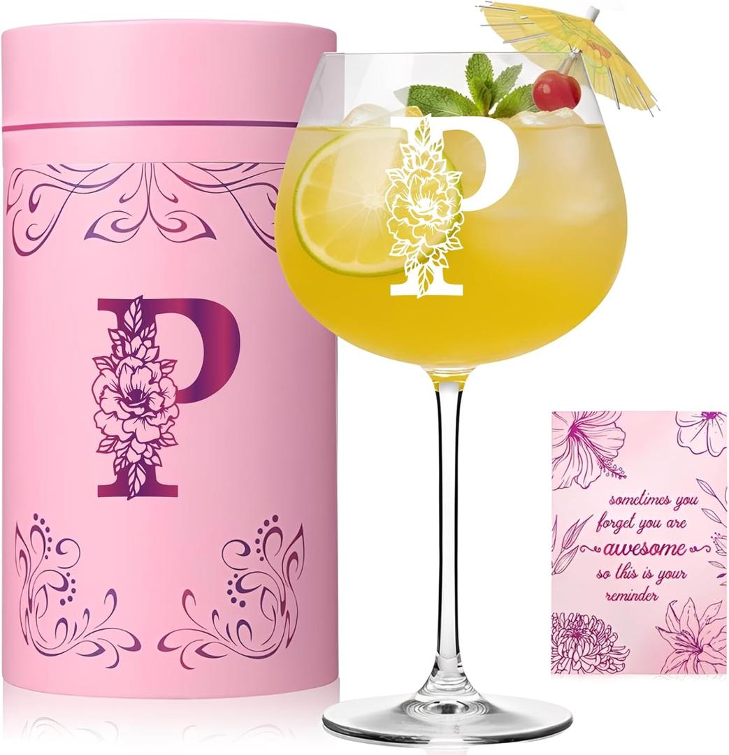 Physkoa Personalized Initial  Glass for Women - 20 oz Stemmed Monogrammed Glass, Customized Engraved Gift for Mom, Wife, Friend, Her - Birthday, Mothers Day, Lover Gift
