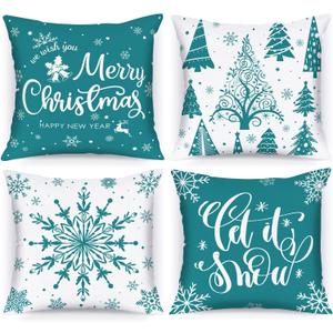 Lanpn Christmas Throw Pillow Covers 22x22 Set of 4, Merry Christmas Winter Xmas Snowflake Decorative Holiday Cushion Pillow Cases 22 x 22 for Outdoor Indoor Farmhouse Home Room Couch Decor (Teal)