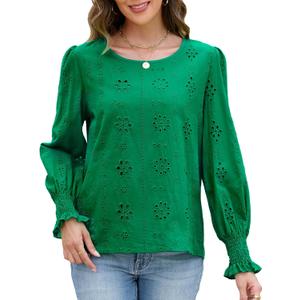 Women's Blouses Long Sleeve Embroidered Eyelet Tops with Lining Dressy Sheer O Neck Cotton Shirts Elegant Blouses 2025 (Green, XL)