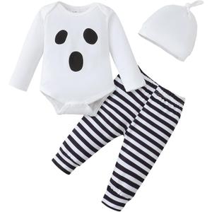 Baby Boy Clothes Infant Newborn Outfits Long Sleeve Letter Print Romper + Hat + Pants Set (0-3 Months)
