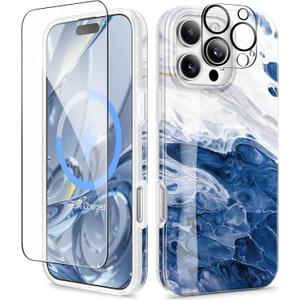 GVIEWIN for iPhone 16 Pro Case Compatible with MagSafe, with Screen & Lens Protectors, Military-Grade Protection Slim Marble Shockproof Magnetic Phone Case for 16 Pro 6.3", Azurite Drift/Blue