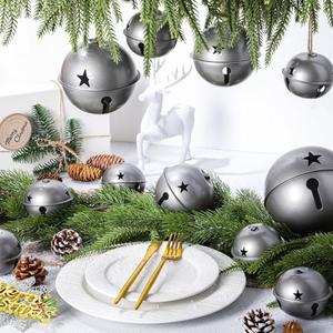 Zhengmy 12 Pack Large Size Christmas Star Cutout Bells Ornament Jumbo Vintage Rustic Metal Sleigh Bell with Plaid Ribbon Jute Twine for Christmas Tree Hanging Holiday Party Farmhouse(Sliver)