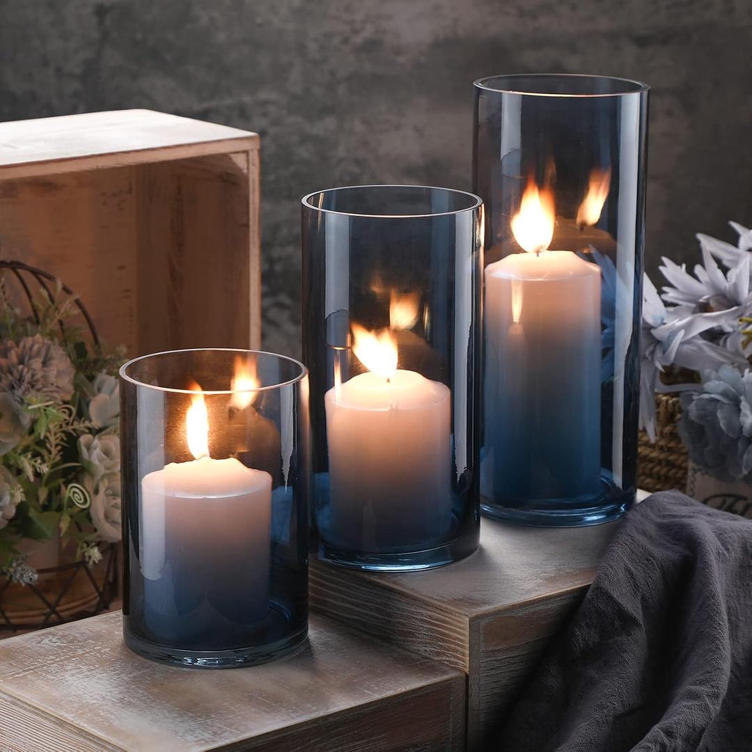 Set of 3 Blue Clear Hurricane Candle Holder Glass Cylinder Vases 6, 8, 10 Inches Height Hurricane Vases for Centerpieces Home Table Decor