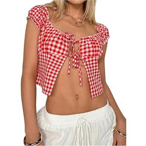Women's Tie Up Split Front Gingham Square Neck Puff Sleeve Plaid Crop Top Blouse, Size XS