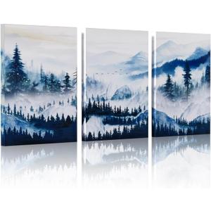 FAEFTY Wall Art for Living Room Set of 3 Painting Abstract Forest Mountain Landscape Painting Decor for Bedroom Office, 3 Piece Canvas Framed Art Ready to Hang Pictures Home Decor- 12x16 Inches (Ink Blue)