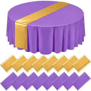 Tudomro 16 Pcs Purple and Gold Round Plastic Tablecloth and Satin Table Runner Set 84 Inch Round Covers 12 x 108 Inch Table Runners for Christmas Wedding Birthday Party Baby Shower