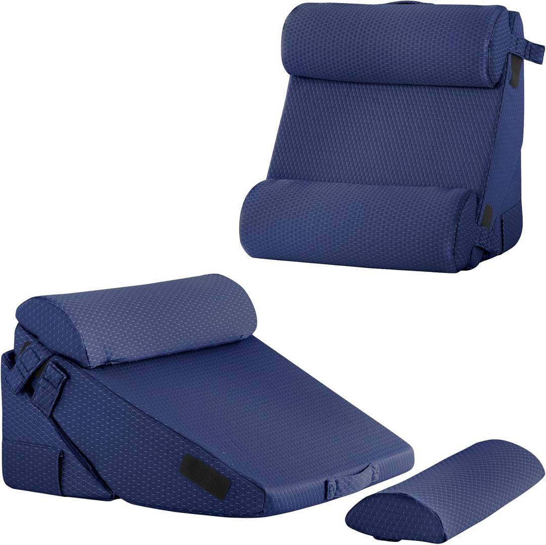 Bedluxe Adjustable 4pcs Bed Wedge Pillow Set, Memory Foam Wedges Pillow Post Surgery for Back, Neck, Leg Pain Relief, Pillows Wedge for Sleeping, Sitting up in Bed, Acid Reflux and GERD, Navy Blue (Adjustable 9&12 Inch + 2 Head Pillow)