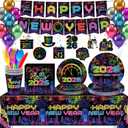 192 Pcs New Years Plates and Napkins, Colorful New Year Tableware Set Includes Happy New Year Banner Tablecloth Balloons, New Years Eve Party Supplies 2026 for 24 Guests