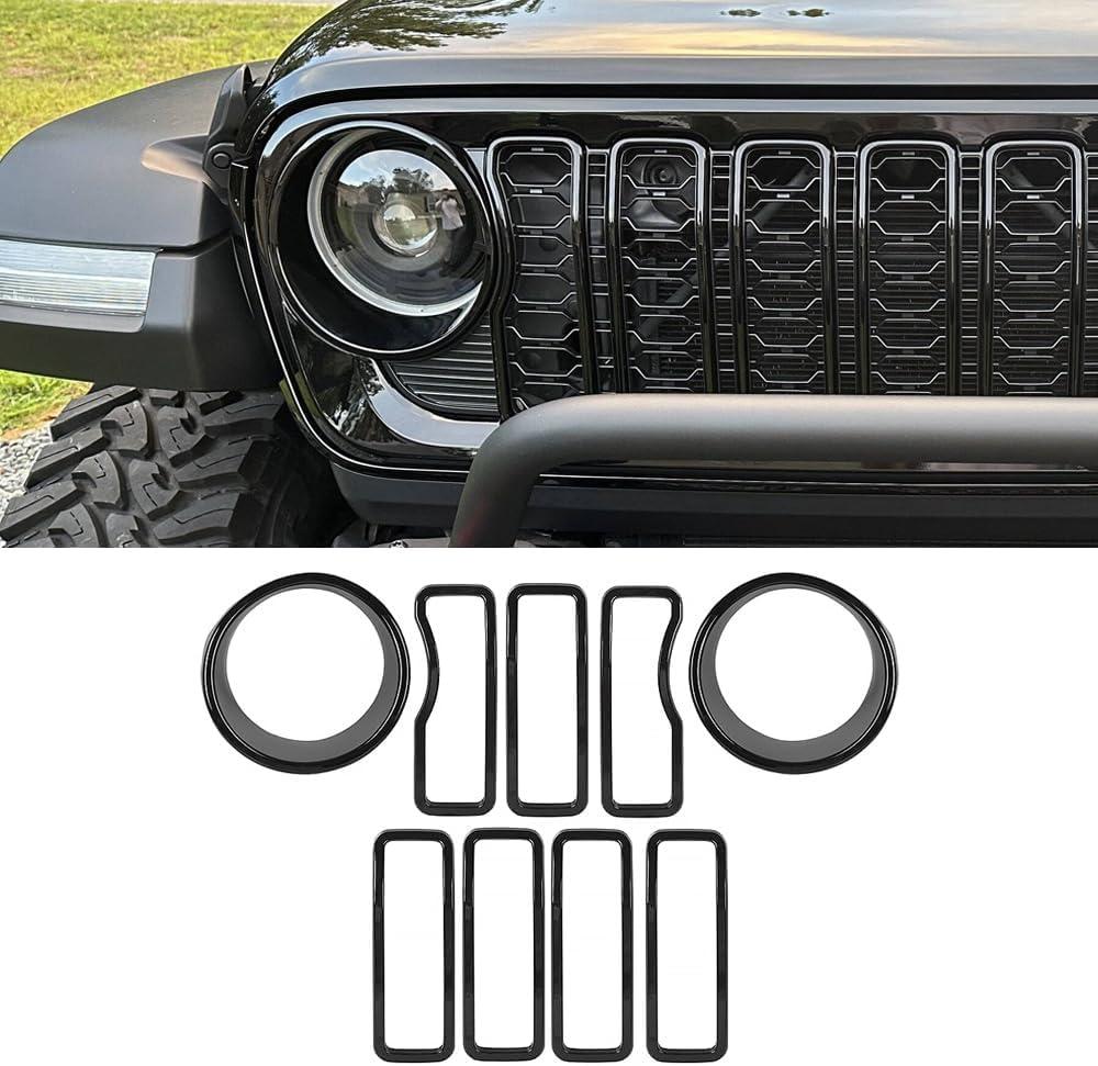 9PCS Front Grille Inserts & Headlight Cover Compatible with (2024-2026) Jeep Wrangler JL/Gladiator JT, Not For Sport, Sport S and Mojave (Black, 2024+ JL/JT)
