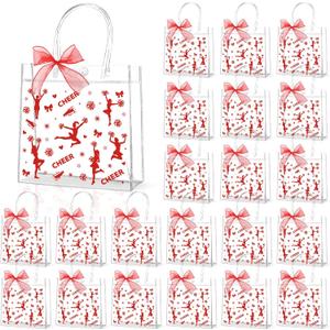 Lonfliness 24Pcs Cheer Clear PVC Gift Bags with Handles And Ribbon Bow Bulk 8 X 8 X 3in Cheerleading Goodie Treat Bags Cheer Team Present Tote Bag for Cheerleader Teammates Party Supplies(Red)