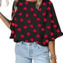 Roshop Valentines Shirts Women's Heart Blouse Dressy 3 4 Ruffled Bell Sleeve Cute Hearts Shirt (Large, Red Heart Black-x)