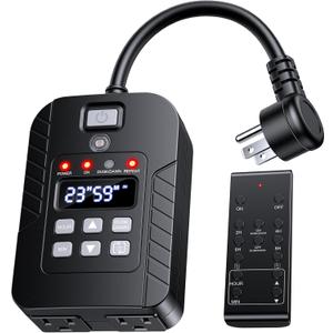 Outdoor Light Timer Waterproof, Remote Control Dusk to Dawn Sensor Timer, 100 FT Range, Plug in, 2 Outlets Digital Timer Switch for Home and Garden, 15A/1875W