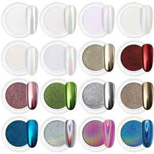 Artdone 16Jars Chrome Nail Powder Magic White Pearl Kit Mirror Effect Silver Metallic Holographic Dip Nail Powder for Resin Craft & Nail Art Fimo, Decoration Iridescent Aurora Mermaid Pigment