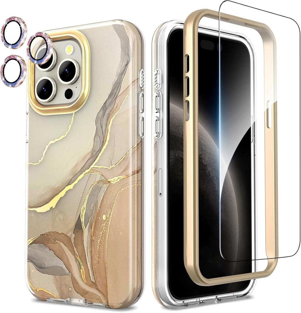 SHEDEER for iPhone 15 Pro MAX Case with Glitter Camera Protector & Screen Protector, Anti-Yellowing Chic Pattern, Shockproof Drop Protection Anti-Scratch Phone Cover 15 Pro MAX 6.7'', OffWhite