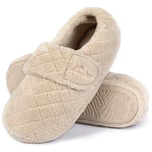 LazyStep Women's Nana Adjustable Slippers with Wide Width, Soft Curly Memory Foam Loafer Closed Back Slippers for Ladies Indoor (Beige, Size 6.5)