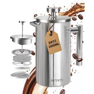 French Press Coffee Maker,304 Stainless Steel Coffee Press with scale lines and 2 Extra Filters for Kitchen & Camping (Silver, 34 OZ) 1 Litre