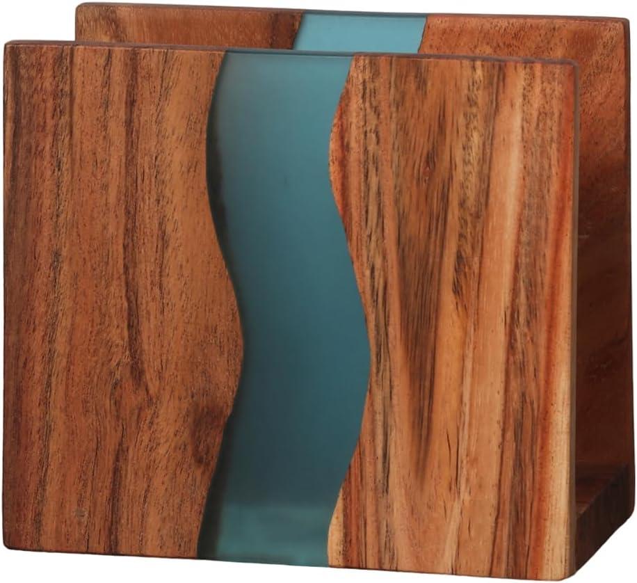 Acacia wood & Transparent Epoxy resin Napkin holder for table, Rustic farmhouse napkin organisation for kitchen, dining, counter tops, restaurant or outdoors | 6x5x2.5 inches| Turquoise