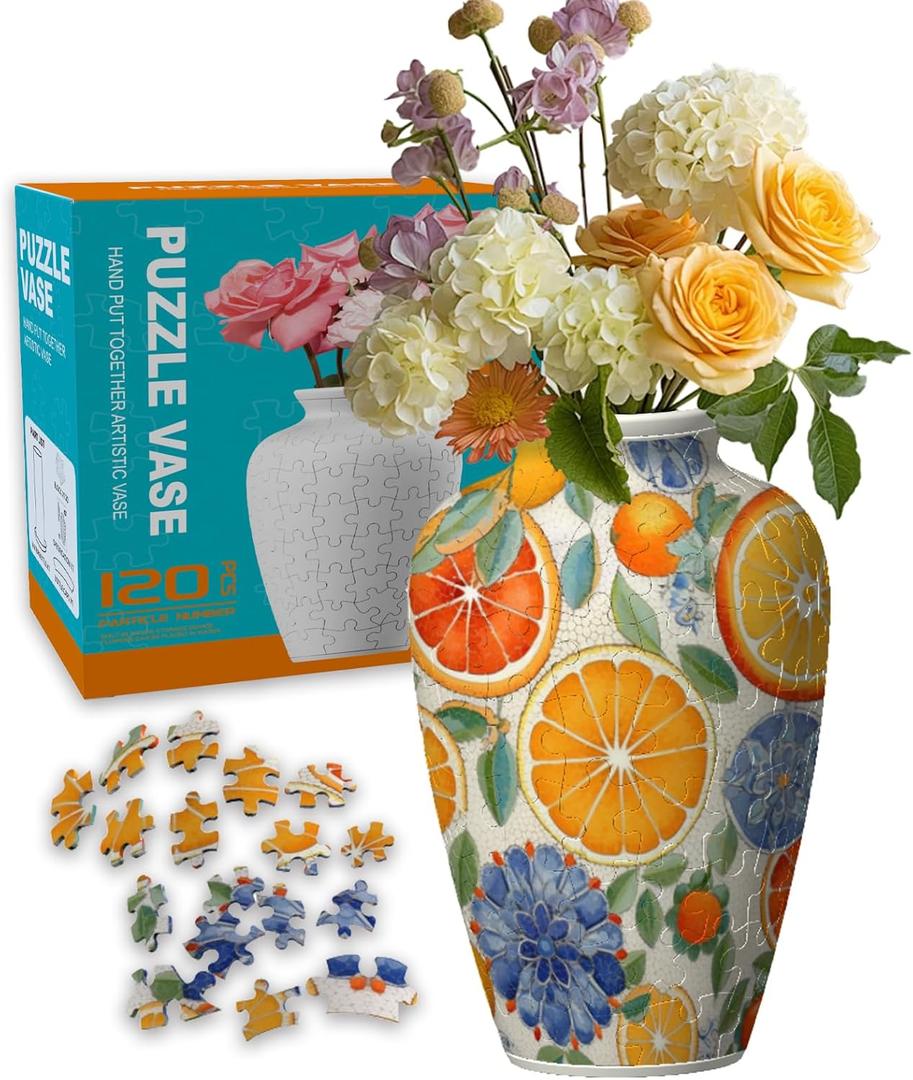 Tomuau 3D Puzzle Vase for Adults, House Warming Gift, Birthday Gifts for Flower Arrangements and Home Decor, 120 Curved Plastic Puzzle Pieces (Fruit and Slices 2)