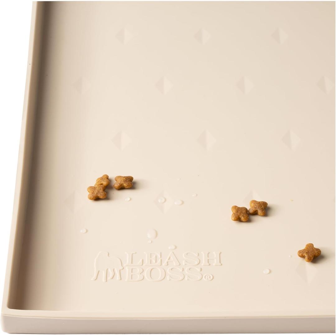 Leash Boss Dog Food Mat - Waterproof Cat & Dog Bowl Mat for Food and Water, Silicone Pet Feeding Mats for Floors, Non-Slip Placemat with High Edges, Puppy Essentials (ML: 20"x13", Beige)