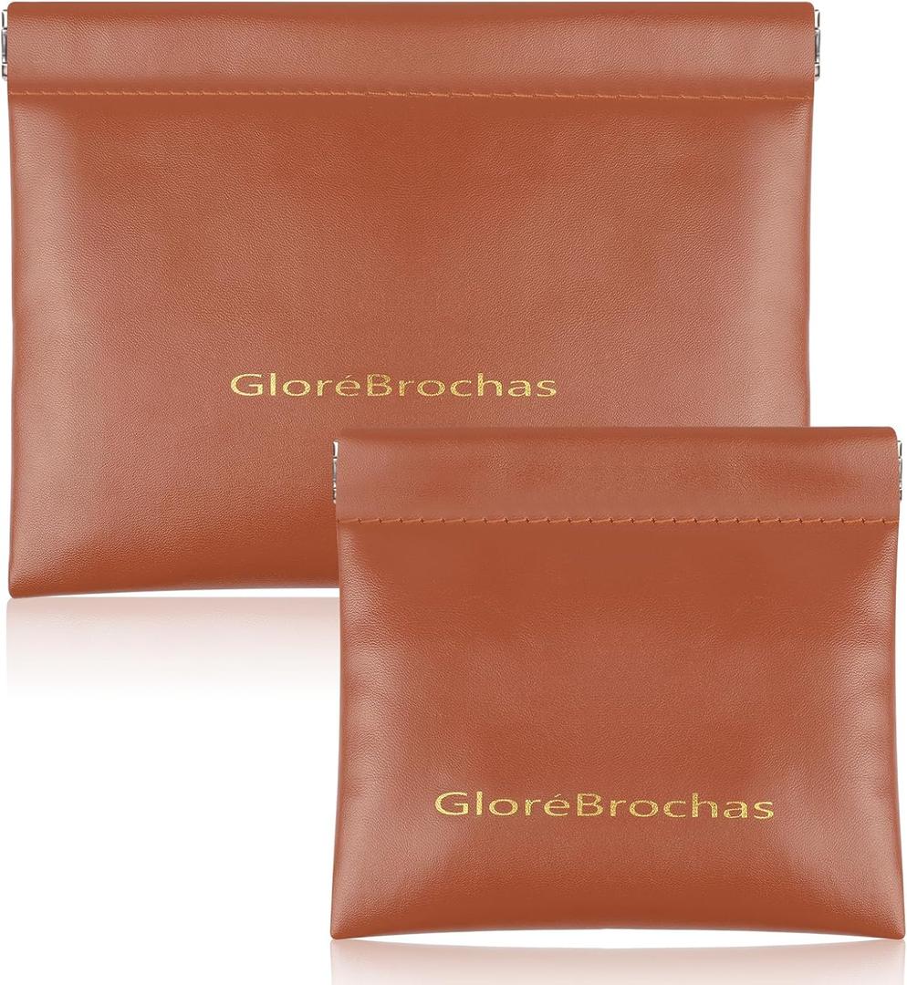 3 x Makeup Bag for Purse:GlorBrochas PU Leather Makeup Pouch Set Large & Small Portable Cosmetic Bags, Waterproof Squeeze Top Coin Purse,Travel Organizer for Makeup,Lipstick, Jewelry,Earbuds(Brown)
