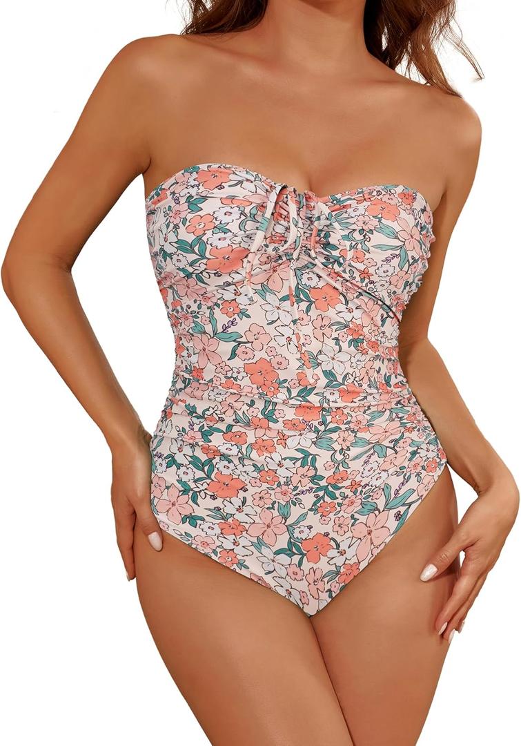 Women's One Piece Swimsuit Strapless Bandeau or Halter Bathing Suits Sexy Flattering Swimwear (Medium)