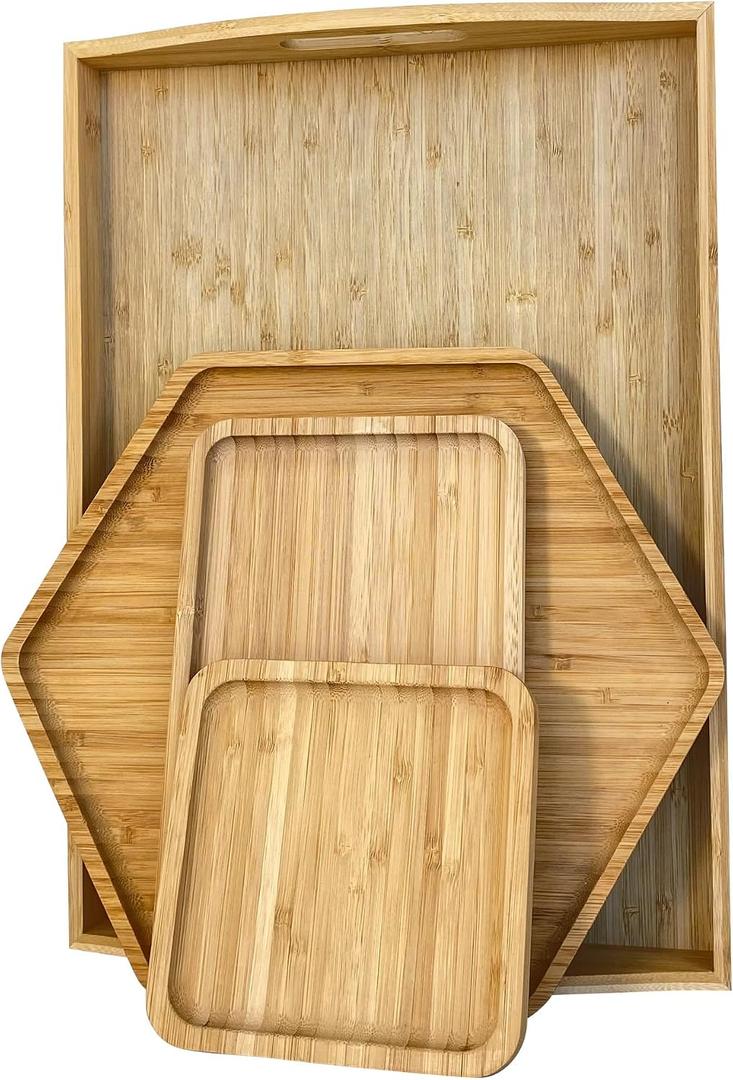 Bamboo Serving Trays 16.5"x11.8"42x30cm with Handle, Set Includes 0.63"(1.6cm) Thick Dinner Plates Hexagon 12.5"(32cm)+Rectangle 9.8"(25cm)*5.9"(15cm)+Square 5.9"(15cm)