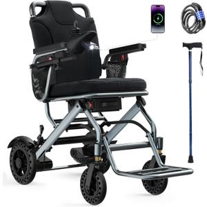 Lightweight Foldable Electric Wheelchair for Adults & Seniors, 33 lbs Portable Compact Motorized Wheelchairs, Dual 180W Motors 15 Miles Range All-Terrain Wheelchair, w/Bonus Cane & Lock